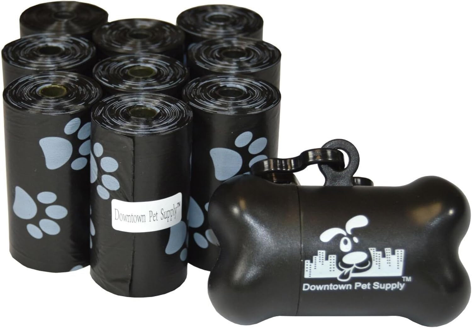 Poop Bags for Dogs with Dispenser, 180 Count - Leak-Proof Dog Waste Bags and Bone-Shaped Dog Poop Bags Holder for Leash - Black with Paw Prints, 12.5" X 8.5"