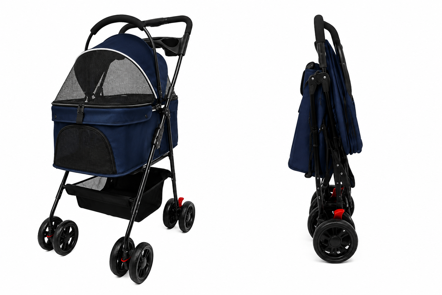 3-Wheel Pet Stroller, Lightweight Foldable Dog Stroller for Small Medium Dogs & Cats, Breathable Mesh & Weather Cover with Storage Basket, for Daily Walk Outdoor Travel (Blue)